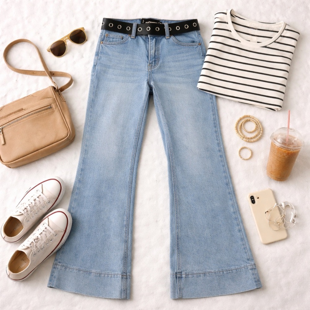 Y2K Light Wash Flare Jeans Womens Size 3/4 Wide Leg Denim Low Rise Dollhouse